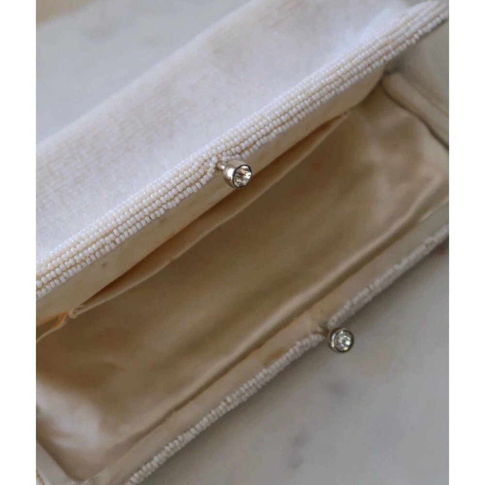 VINTAGE LOVELY Bridal White Beaded Clutch Handbag Purse Satin 1960s Handmade 🥀